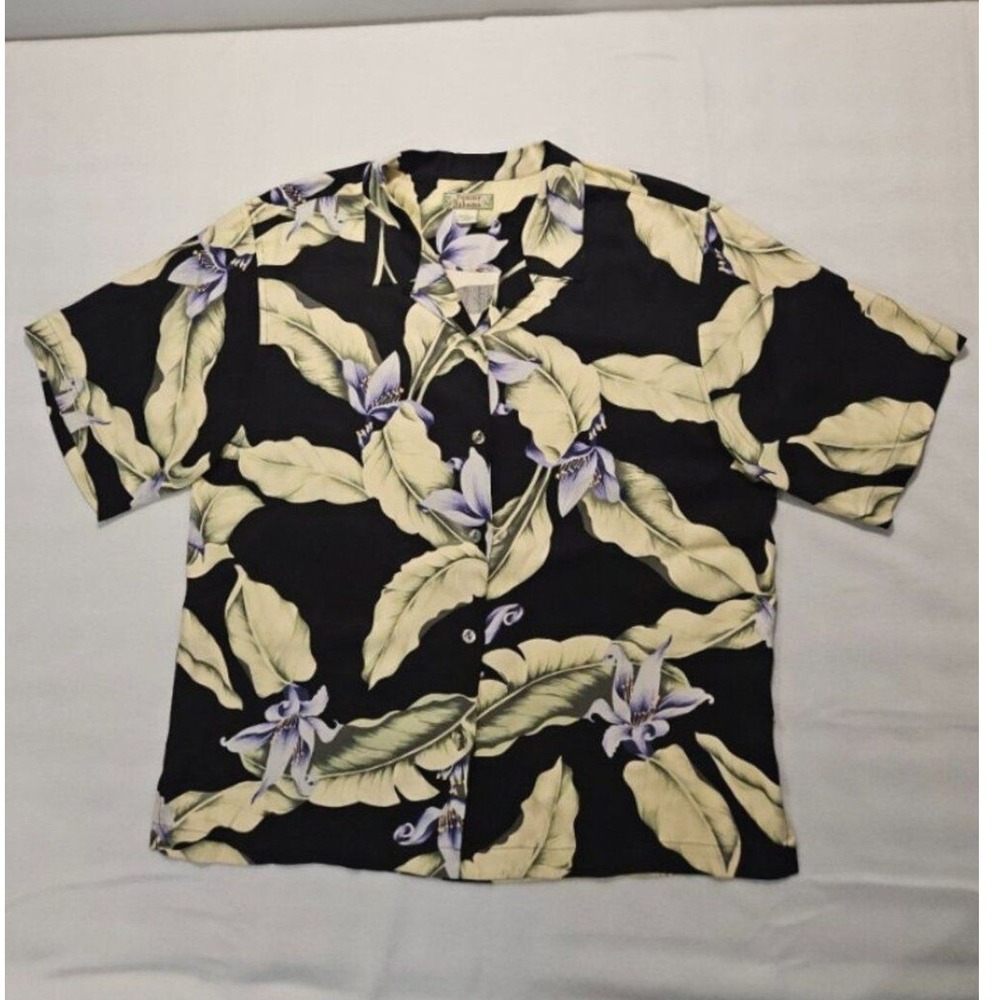 90s‎ Tommy Bahama Silk Camp Shirt Large Black Floral Tropical Leaf Resort Aloha